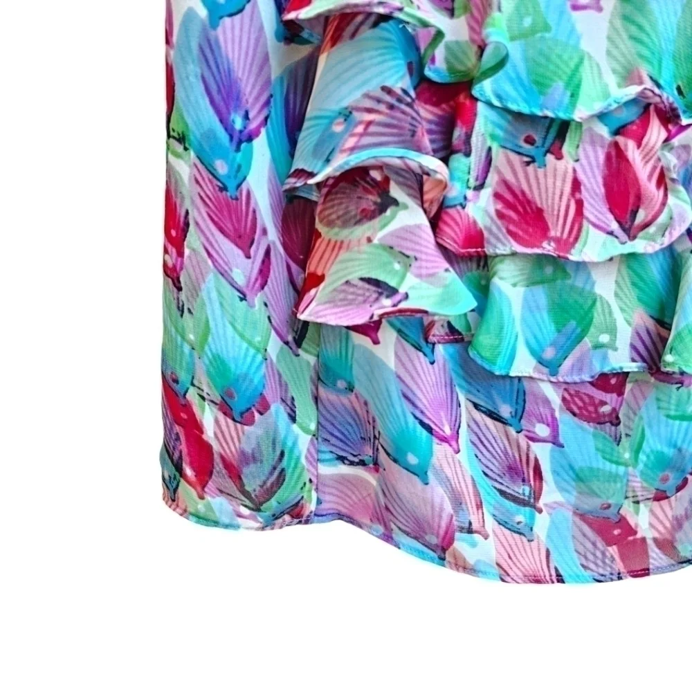 Adrianna Papell Ruffle Watercolor Shell or Leaf Print Dress Teal Purple Size 2